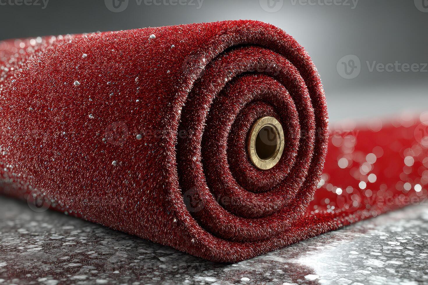 Shimmering red roll of glitter fabric placed on a smooth surface with soft lighting highlighting the texture and sparkle photo