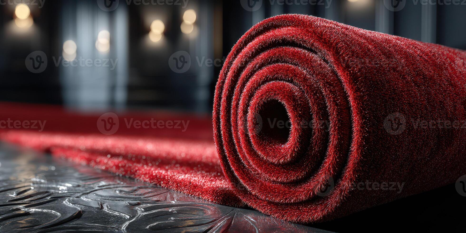 Red carpet unrolled for a special event in an elegant hall during the evening photo