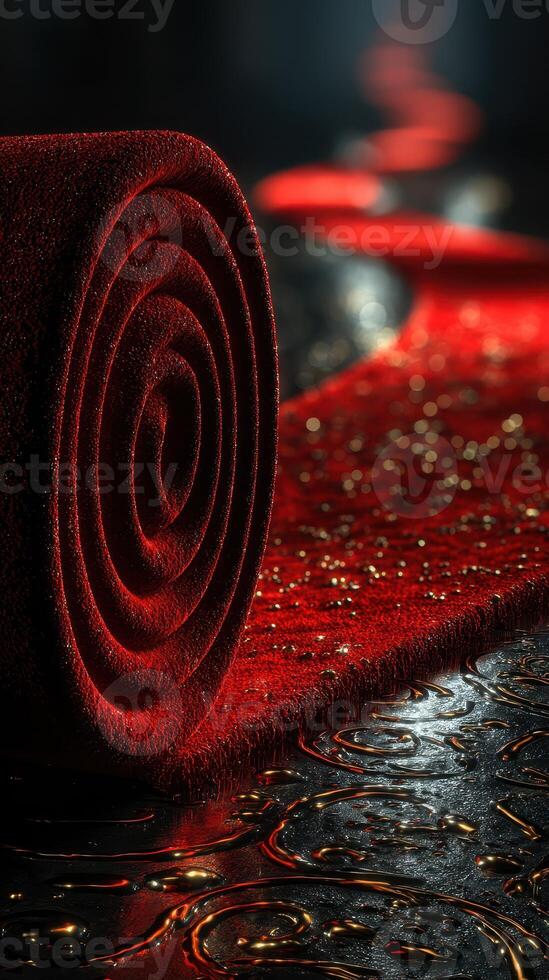 Shimmering red fabric rolled and placed on a textured surface with soft focus highlights photo