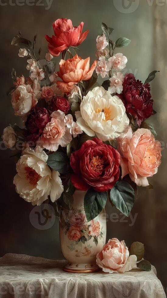 Colorful bouquet of peonies and roses arranged in an elegant vase on a covered table photo