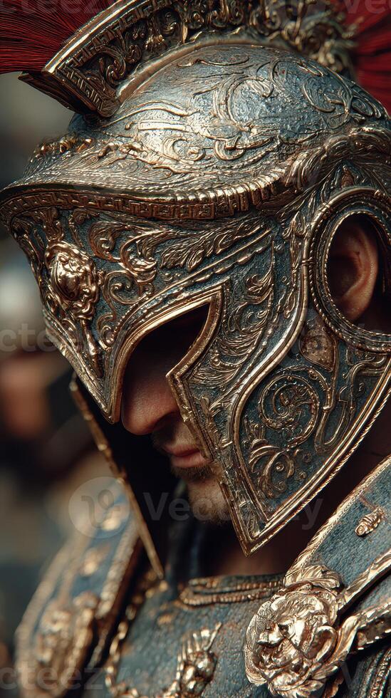 Detailed close-up of a soldier wearing ornate armor and helmet during a historical reenactment event in a public square at sunset photo