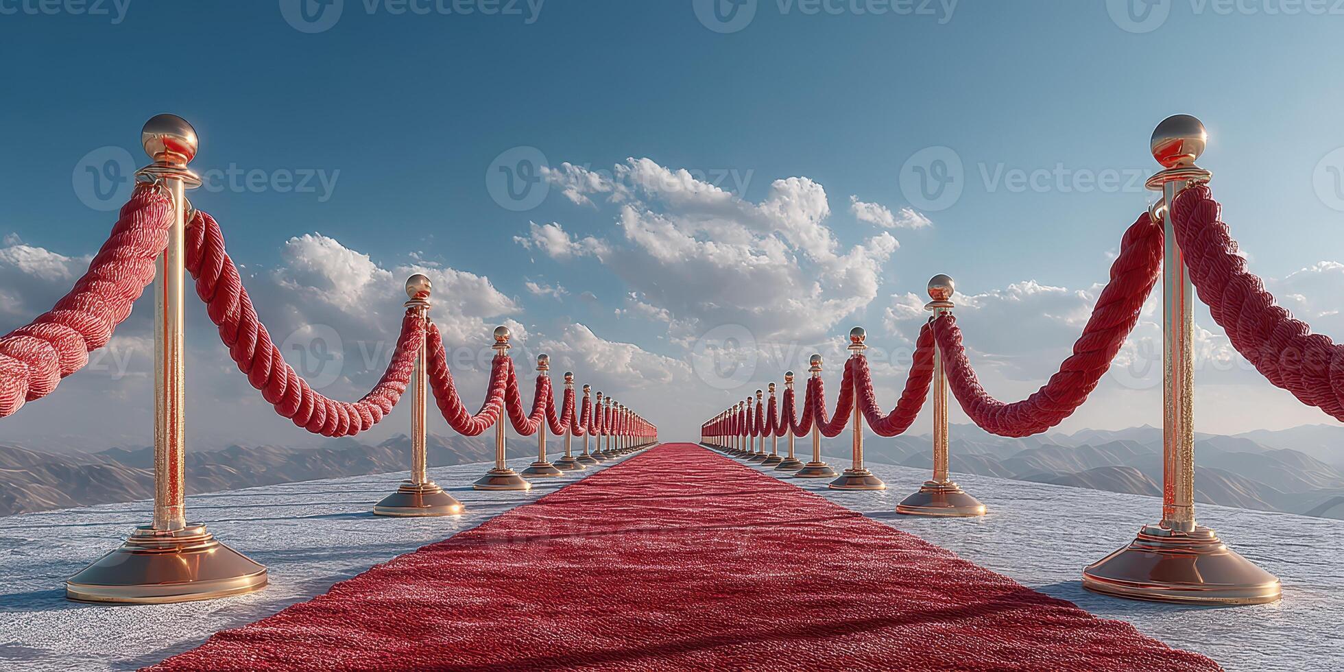Red carpet pathway with velvet ropes under a blue sky and clouds in a scenic landscape photo