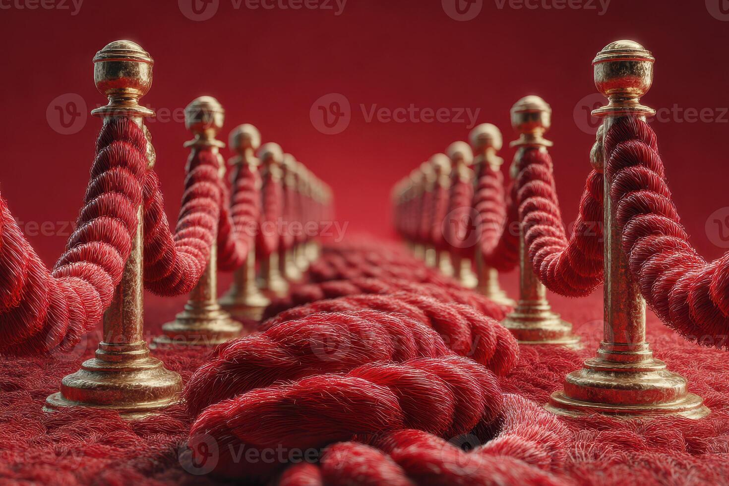 Red carpet entrance with velvet ropes leading to an elegant venue during an evening event photo