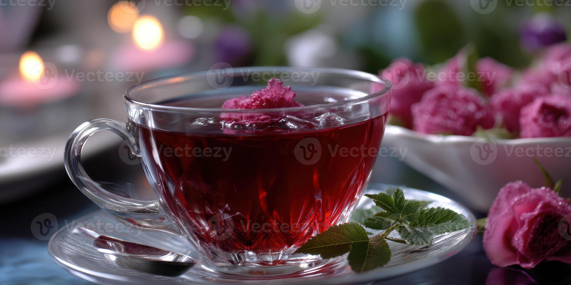 Refreshing rose tea served in a clear glass cup amidst soft candlelight and floral decorations photo