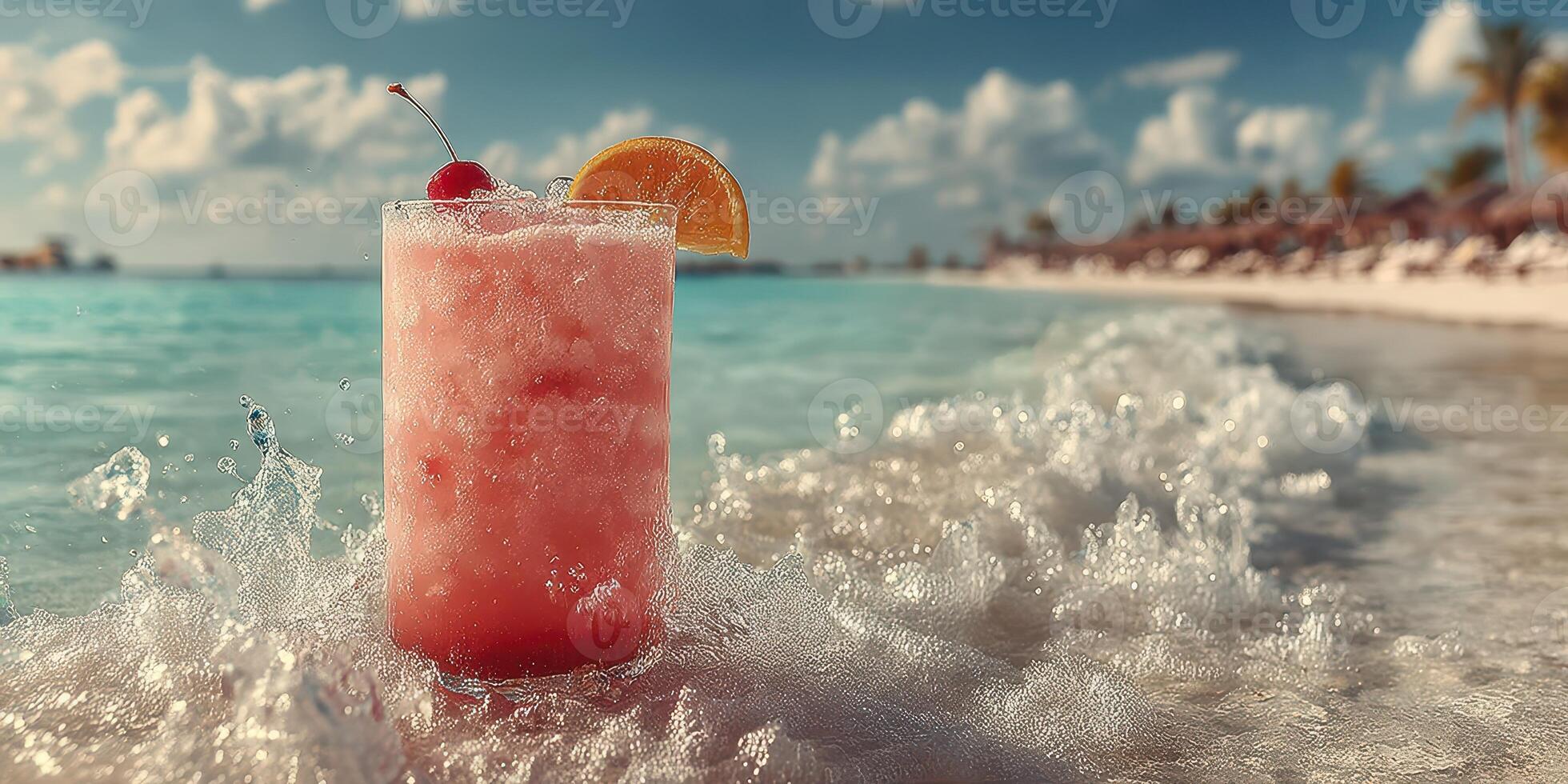Refreshing frozen drink on a sunny beach shore with waves splashing at dusk photo