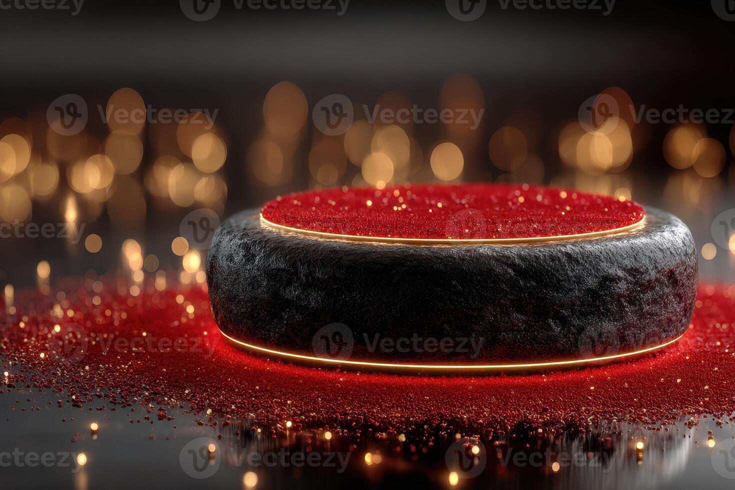 Illuminated round display stand with red granules on dark surface photo