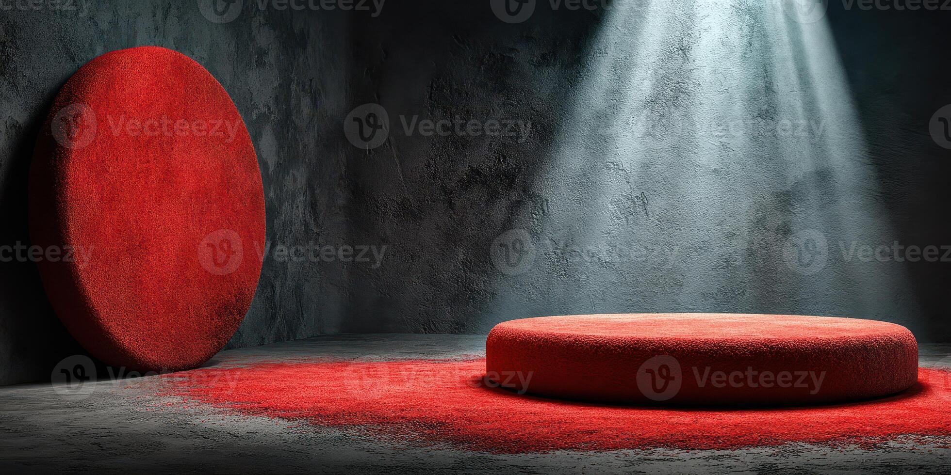 Bright red circular platforms in a dimly lit, textured space create a striking visual contrast and atmosphere for an artistic showcase photo
