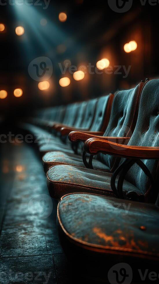 Old theater seating invites nostalgia in dim lighting during evening performance photo