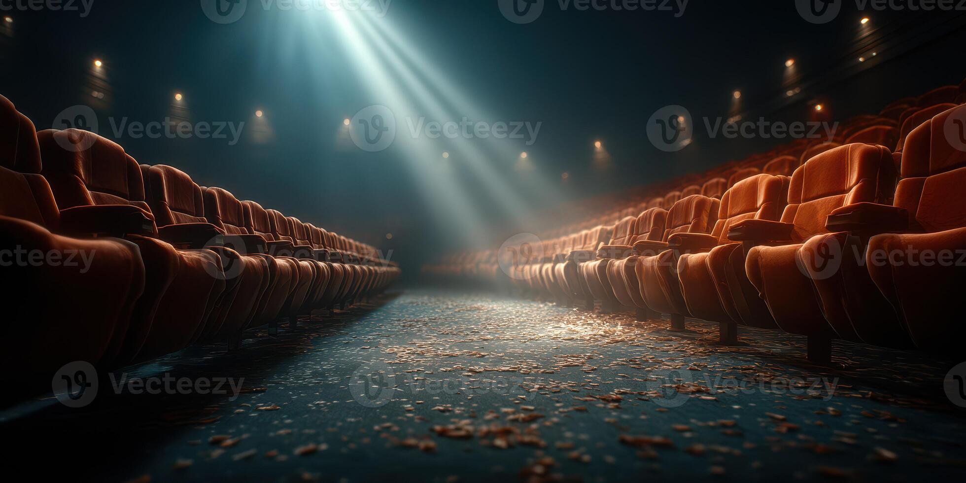 Empty theater with illuminated rows of seats and scattered leaves during a quiet moment in the evening photo