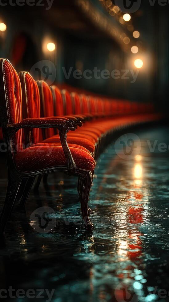 Rows of vintage red chairs reflecting dim light in a historic theater during a quiet evening photo