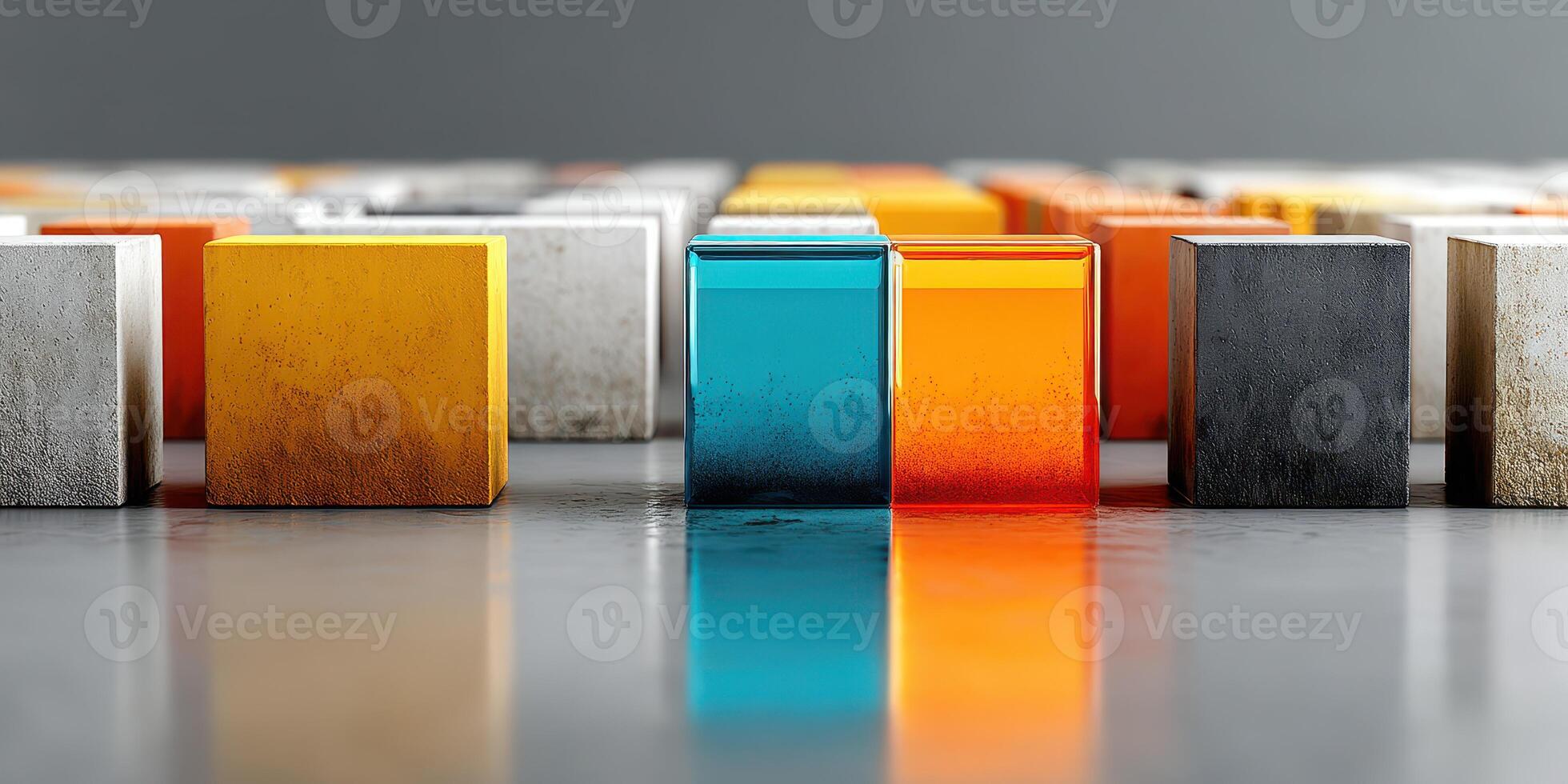 Colorful geometric blocks arranged in a pattern on a smooth surface, highlighting intricate details and varying textures during daylight photo