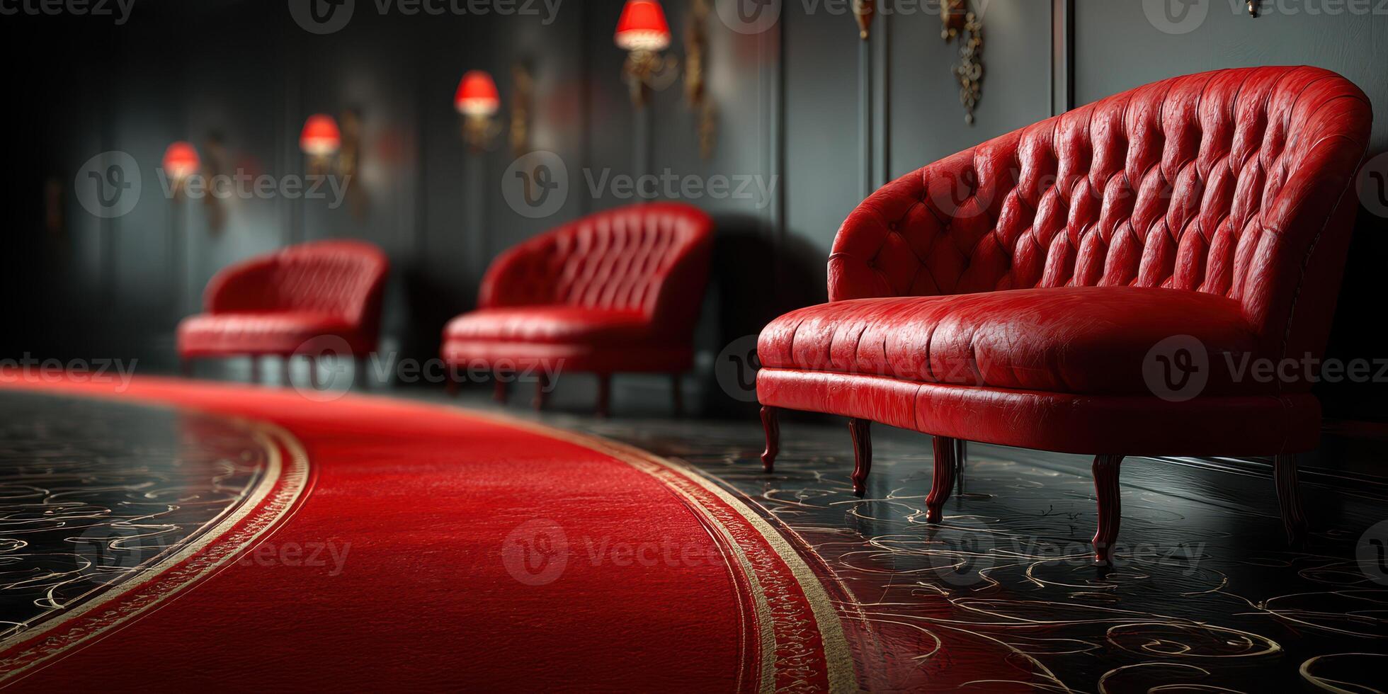 Elegant interior design with red leather sofas in a luxurious setting showcasing an inviting atmosphere photo
