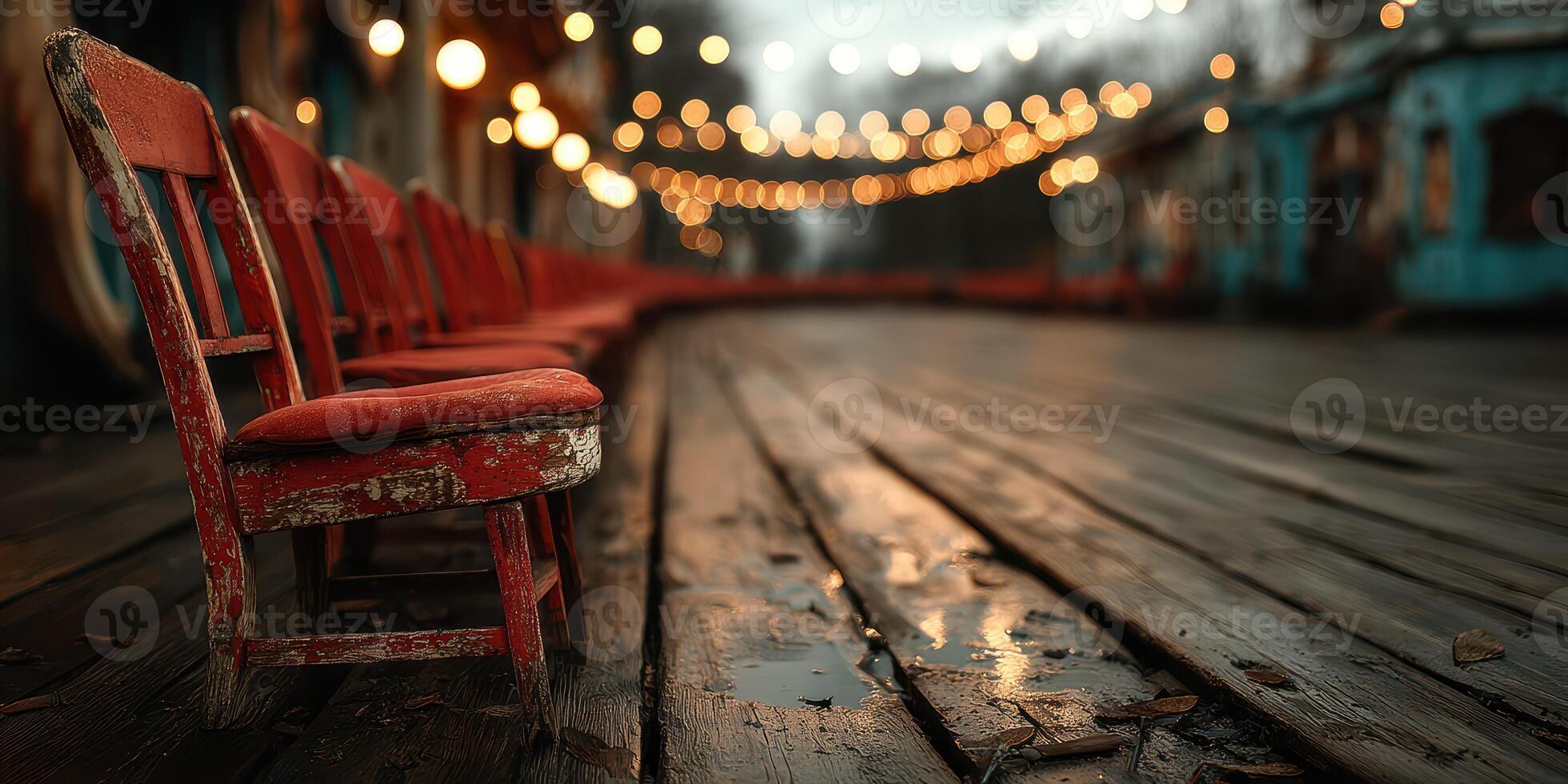Weathered chairs line the empty boardwalk adorned with warm string lights during twilight hours photo