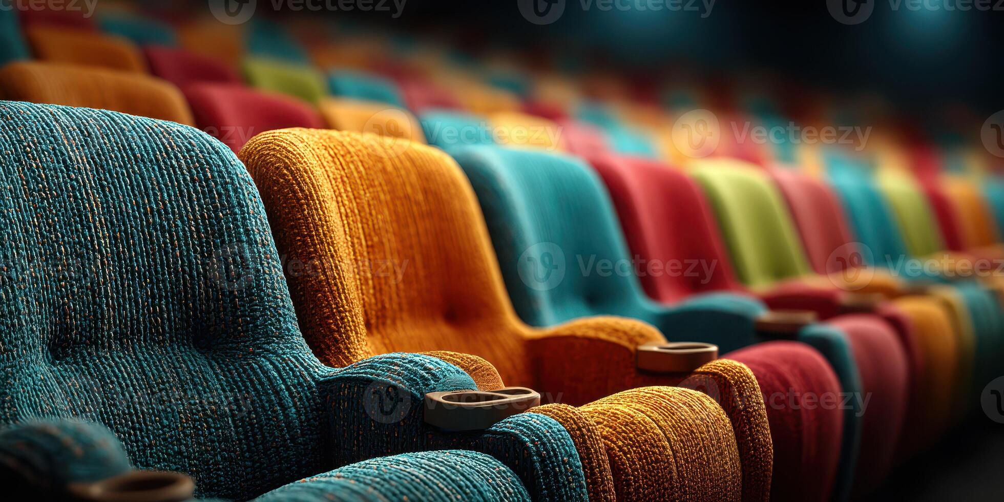 Colorful theater seats arranged in rows in a modern cinema designed for a comfortable viewing experience photo