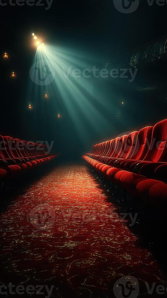 Red velvet seats line a dramatic theater aisle illuminated by a single spotlight in a dimly lit venue photo