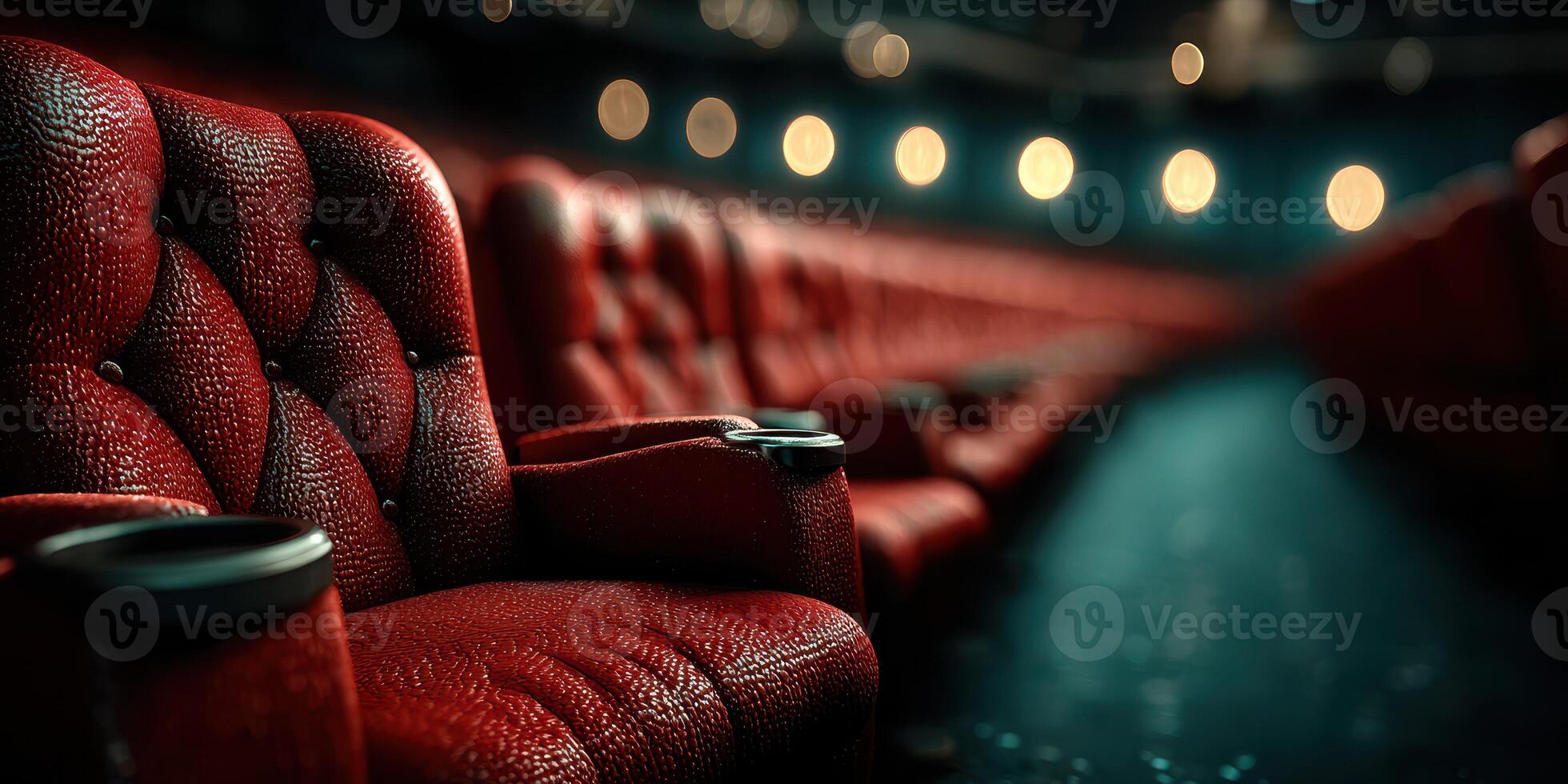 Vintage red theater seats arranged in rows ready for an audience as warm lights illuminate the background before a performance photo