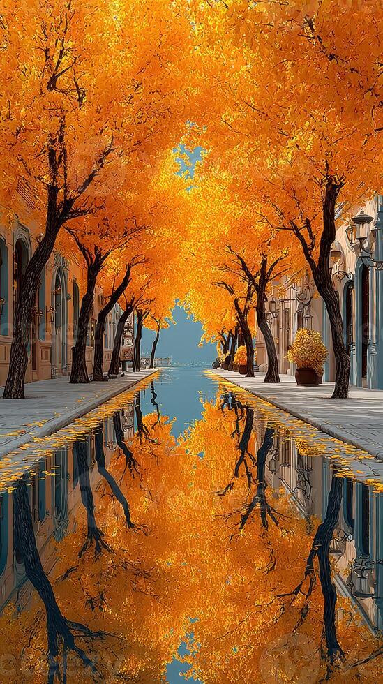 Vibrant autumn trees line a tranquil pathway beside a reflecting pool under a clear blue sky photo