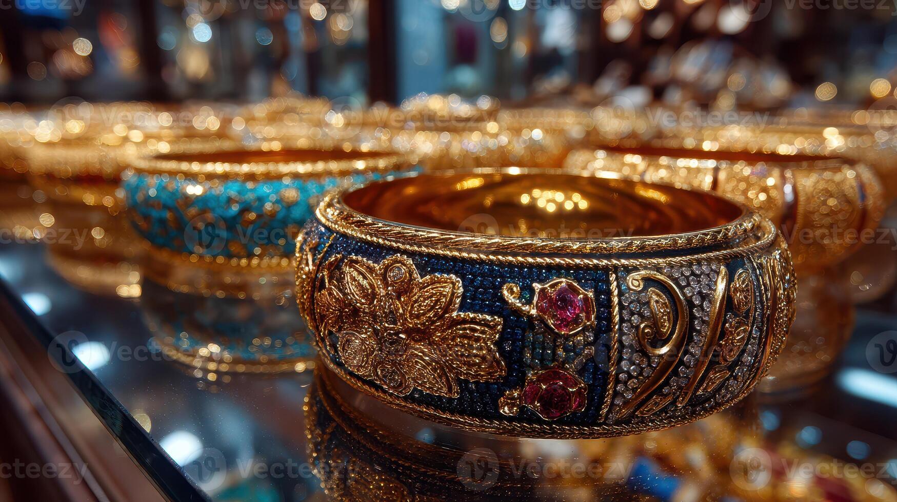Intricately designed gold bangles displayed in a jewelry store during a bustling market afternoon photo