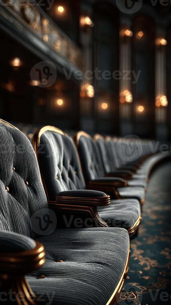 Elegant theater seating arrangement in a vintage performance hall illuminated by warm lighting photo
