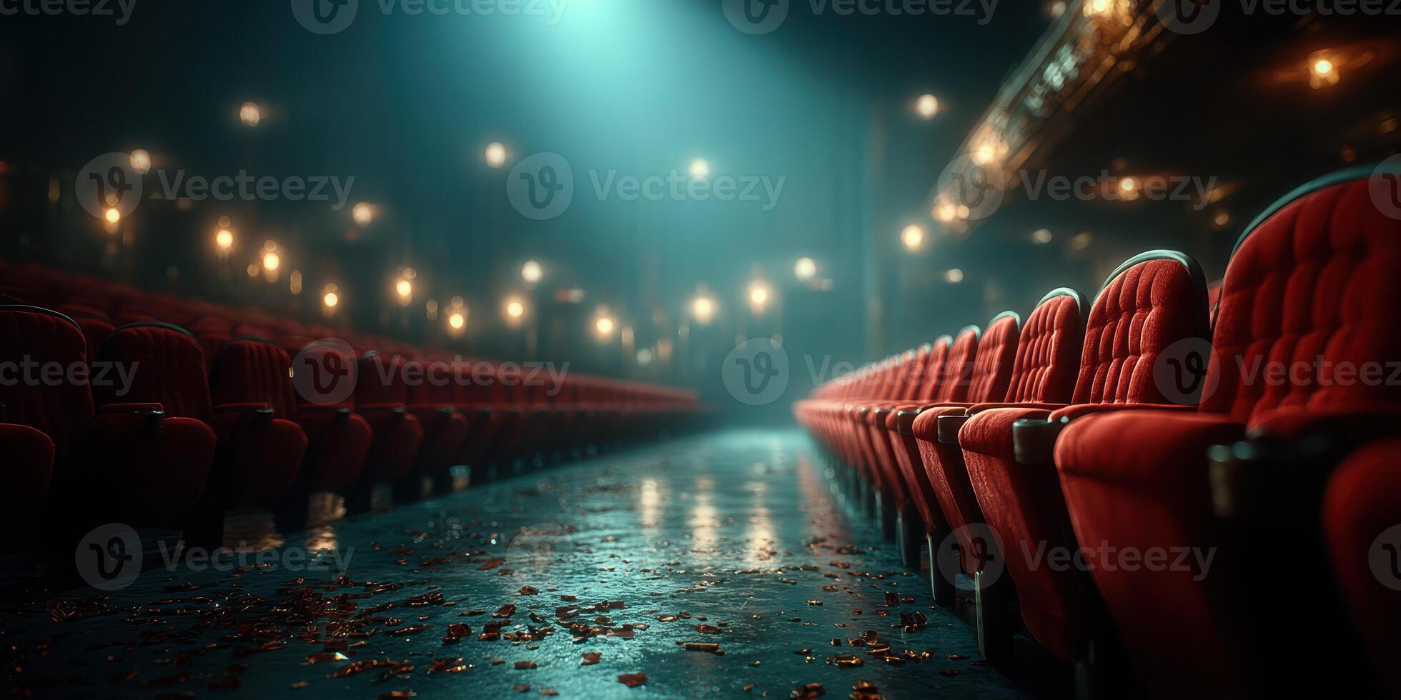 Empty theater hall with illuminated seats and scattered petals after a performance photo