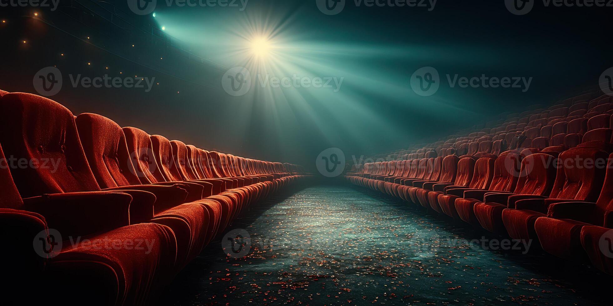 Empty theater with rows of red velvet seats and stage lights illuminating a quiet atmosphere photo