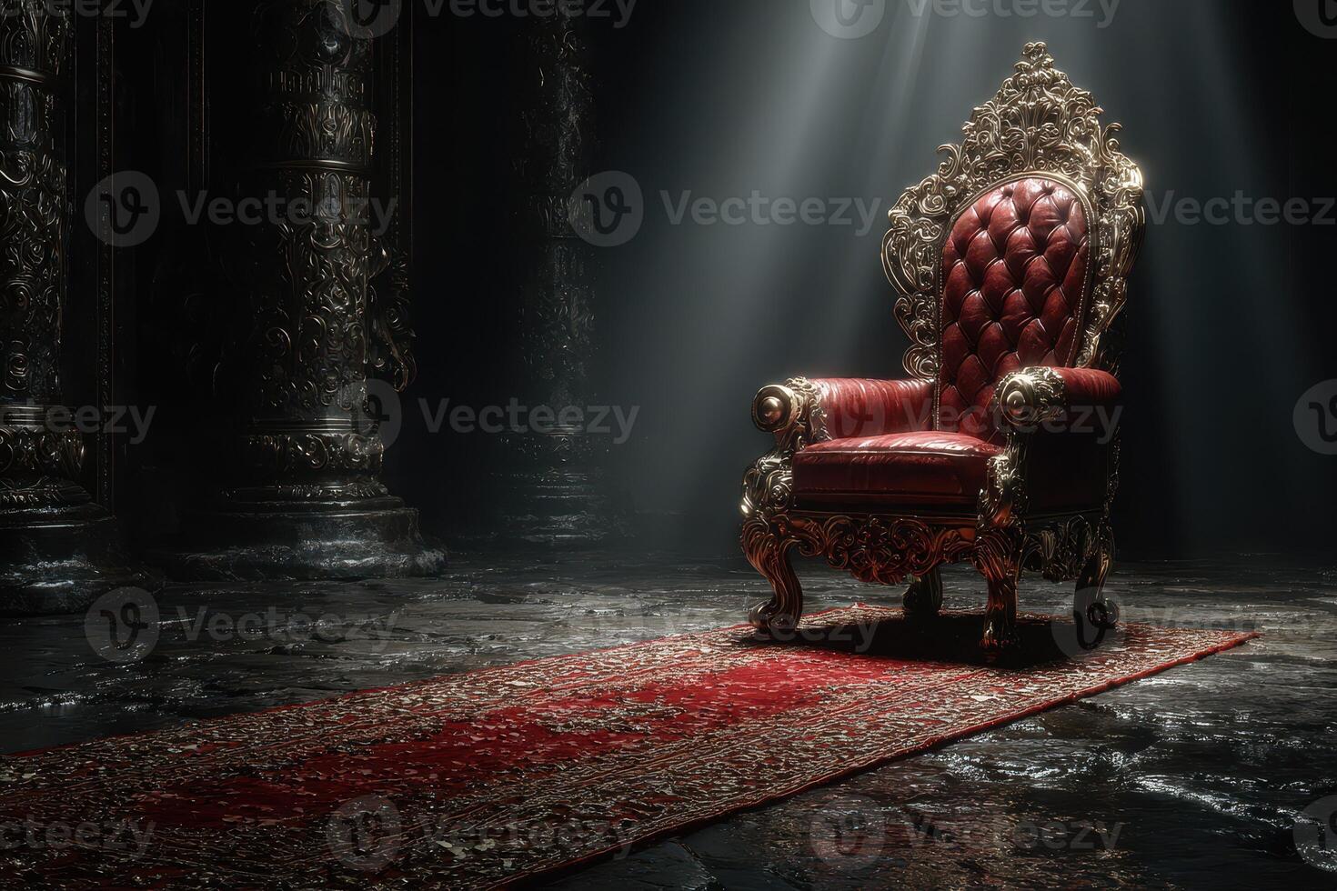 Elaborate red throne with silver accents illuminated by soft light in a dark, moody room photo