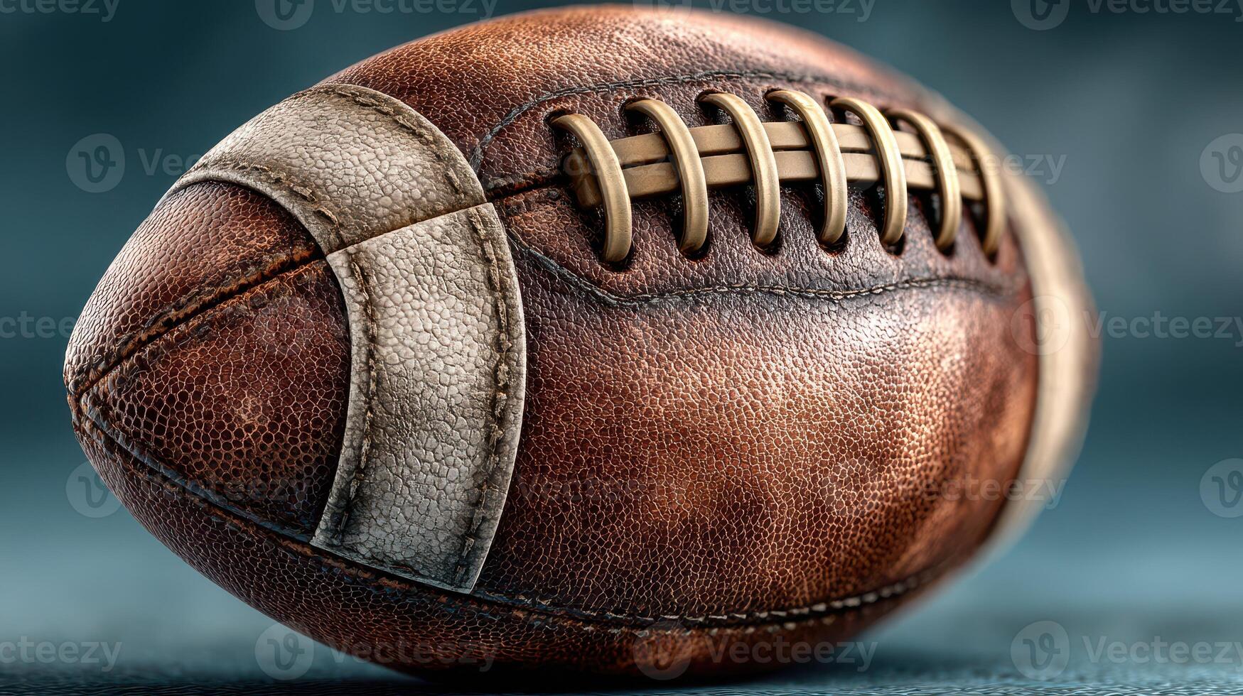 Vintage leather football resting on a blue background with focus on texture and design details during a quiet moment photo
