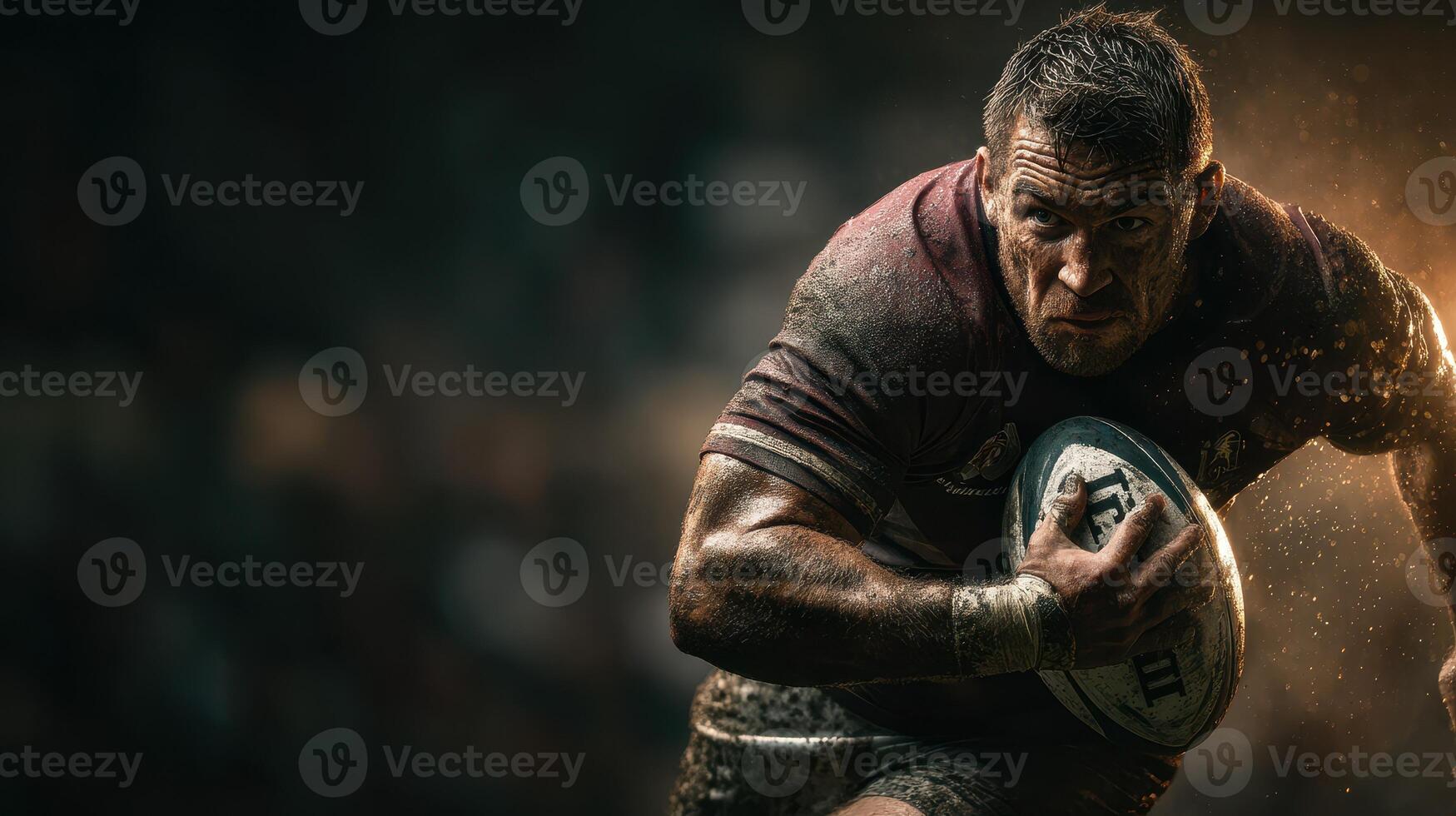 Intense rugby player sprinting toward the try line during a late night match under stadium lights photo