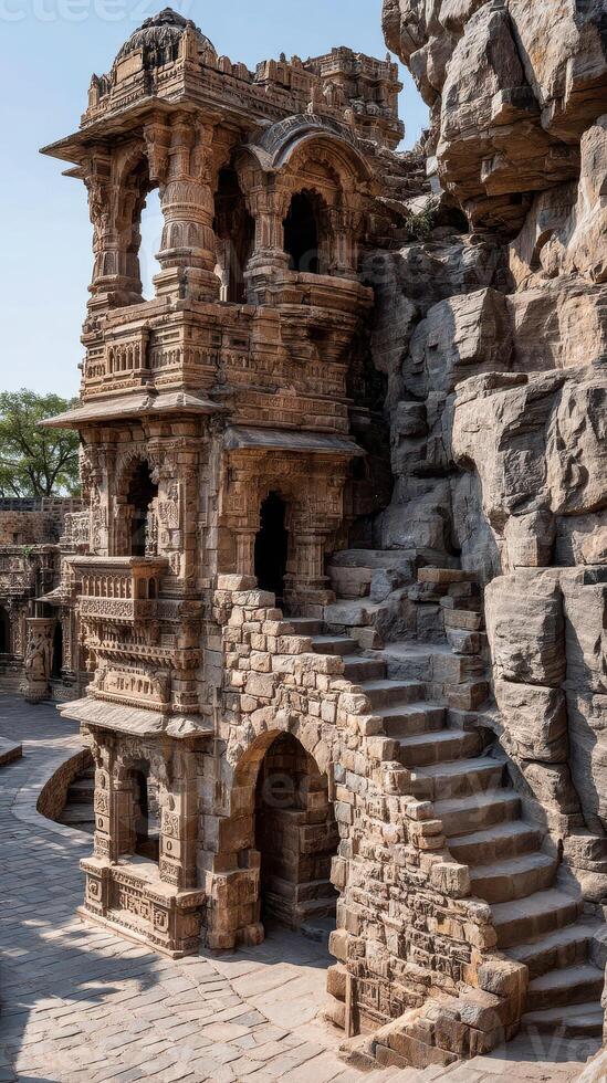 Ancient stone structure showcasing intricate carvings in a historic ruin during bright daylight photo