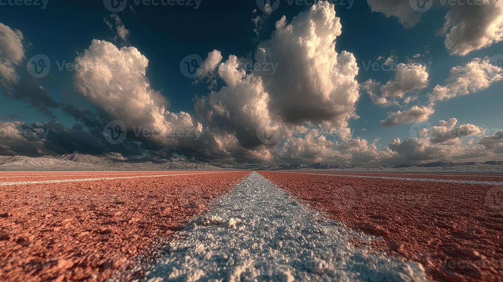 Vibrant red ground leads to dramatic clouds above in remote landscape during late afternoon photo