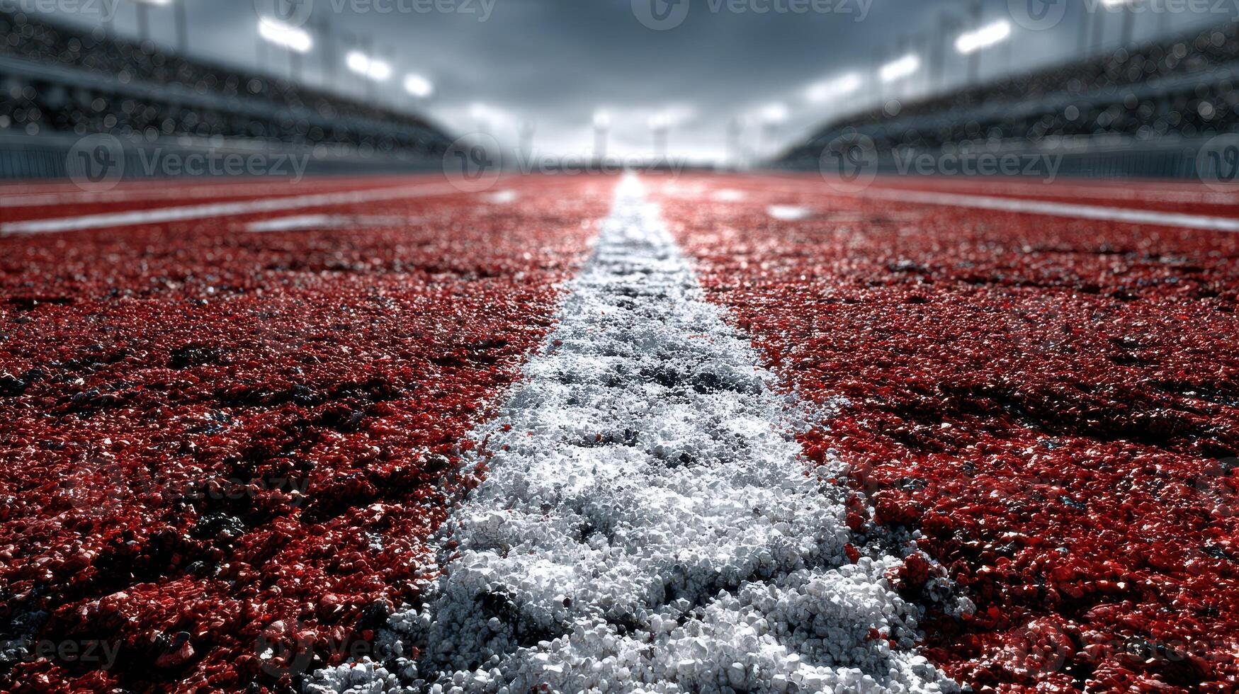 Bright red athletic track stretches into the distance under dramatic overcast sky, inviting runners to compete or train during a cloudy day photo