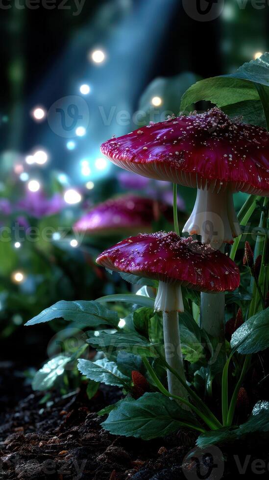 Colorful red mushrooms grow in a lush forest illuminated by soft glowing lights during twilight hours photo