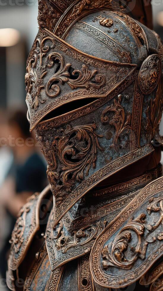 Intricately designed armored knight standing amidst a bustling crowd at a historical festival during golden hour photo