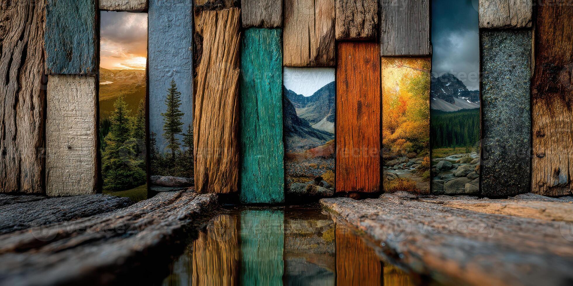 Visual collage of mountain landscapes framed by rustic wooden planks reflecting in calm water during golden hour photo