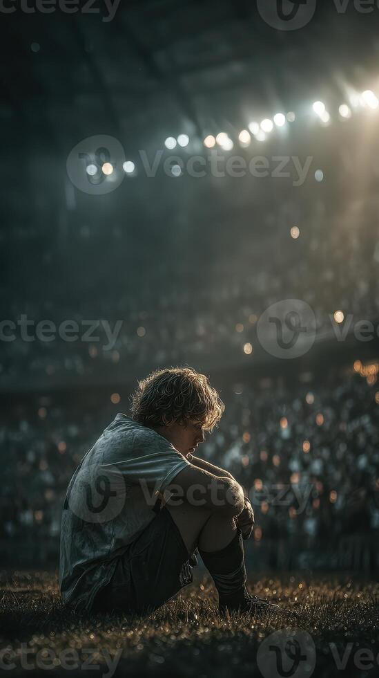 Soccer player sitting on field looking pensive after intense match in stadium during evening lights photo