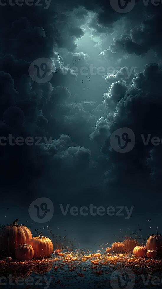 Creepy autumn night with glowing pumpkins under a dramatic cloudy sky at twilight photo