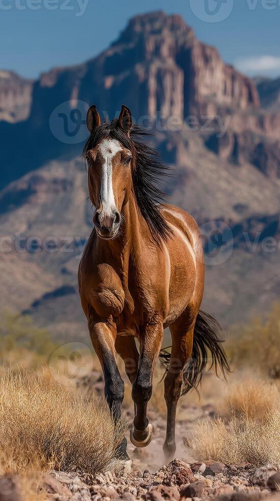 Majestic horse galloping through arid landscape with mountain backdrop during sunny day photo