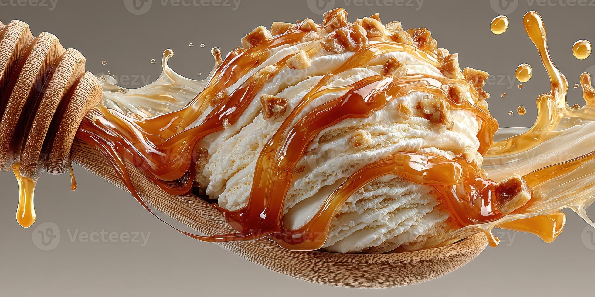 Creamy ice cream scoop drizzled with caramel sauce on a wooden spoon photo