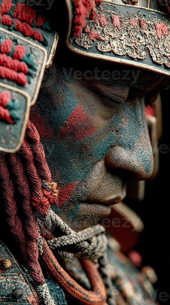 Warrior adorned in intricate armor and painted face during a cultural festival in a vibrant setting photo