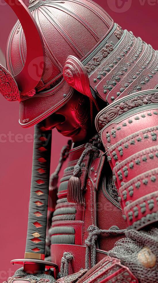 Samurai warrior in intricate armor posing against a vivid red background photo