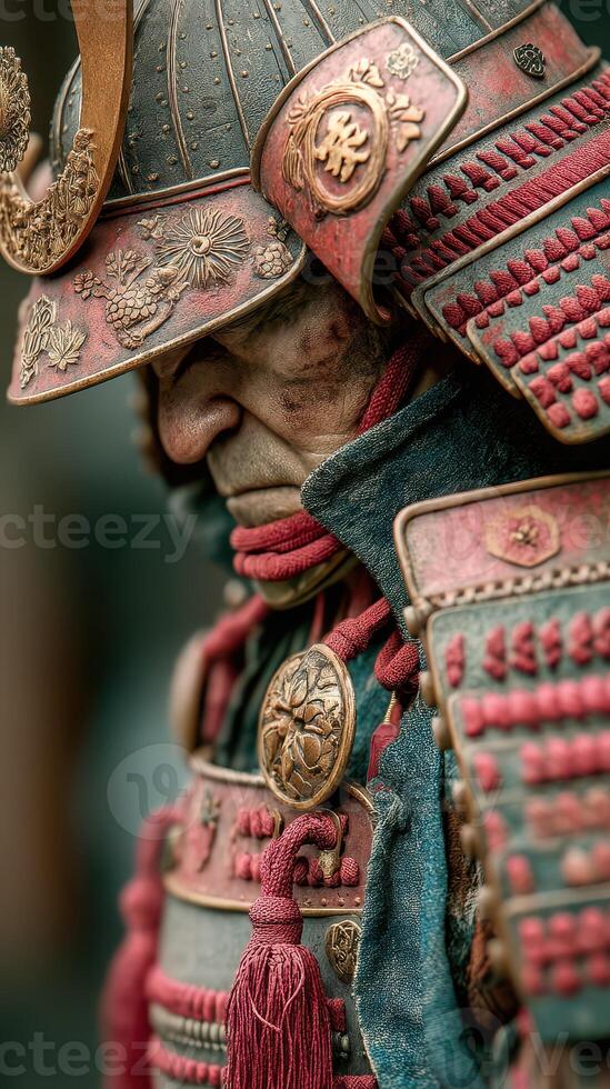 Detailed samurai figure with intricate armor, capturing historical craftsmanship in a close-up view, showcasing artistry and craftsmanship photo