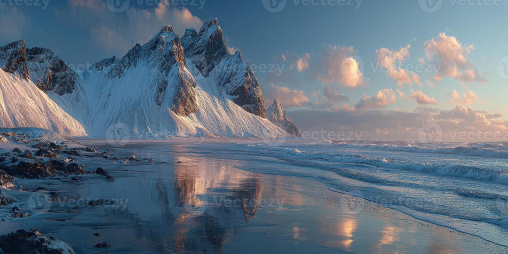 Majestic snowy mountains reflect in tranquil ocean waters at sunset along the serene coastline photo