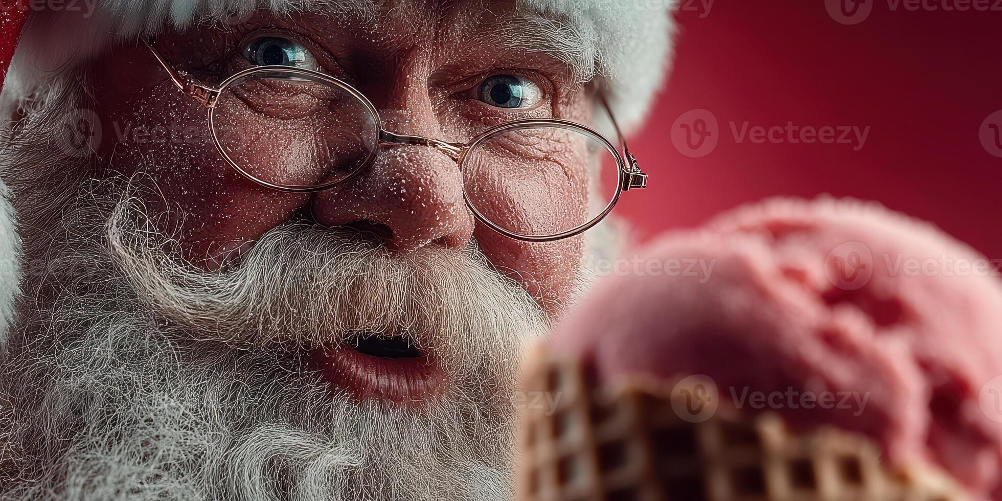 Santa Claus enjoys a scoop of pink ice cream during the holiday season in a festive setting with a red background photo