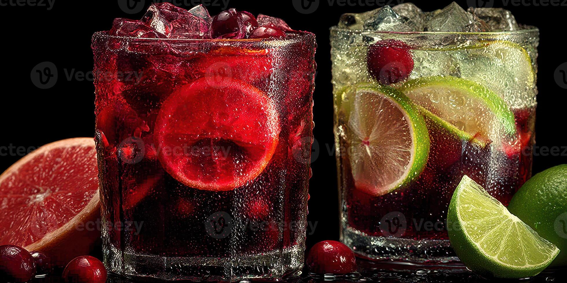 Refreshing mixed berry and citrus drinks served in glasses with ice on a dark background photo