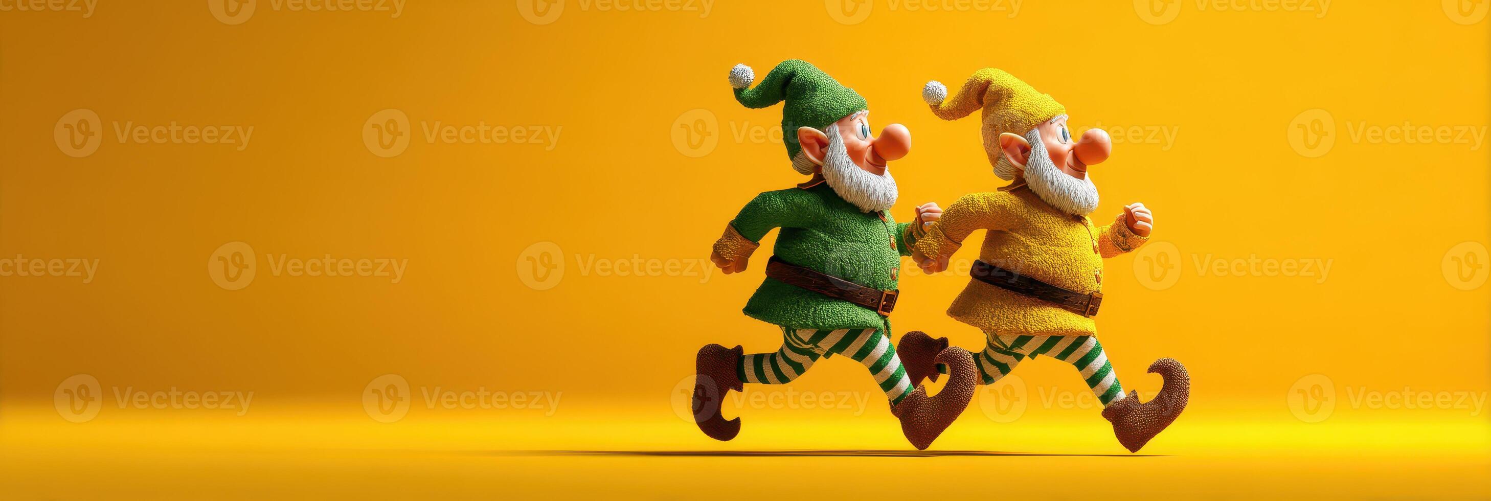 Two cheerful elves running together on a bright yellow background, spreading joy and excitement in a playful manner photo