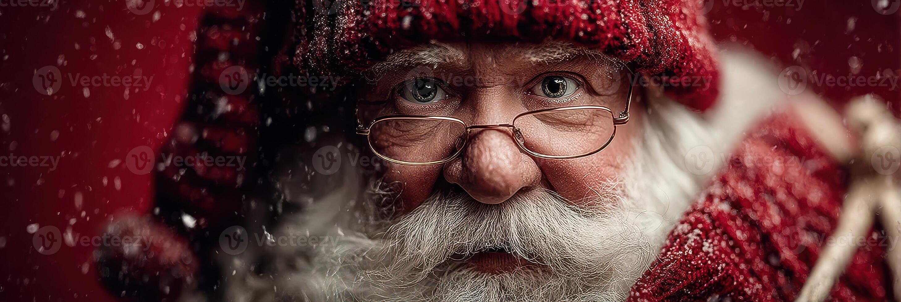 Santa Claus smiling warmly with snowflakes falling on his festive outfit during the holiday season photo