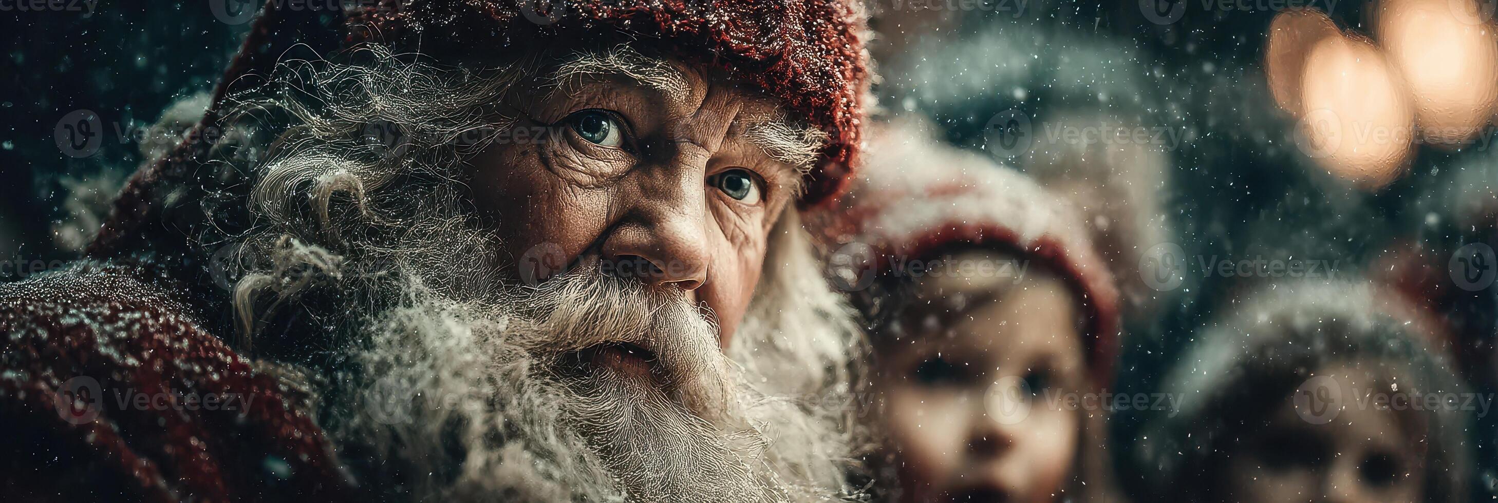 Elderly man with snowy beard captivates children at winter festival in a festive atmosphere photo