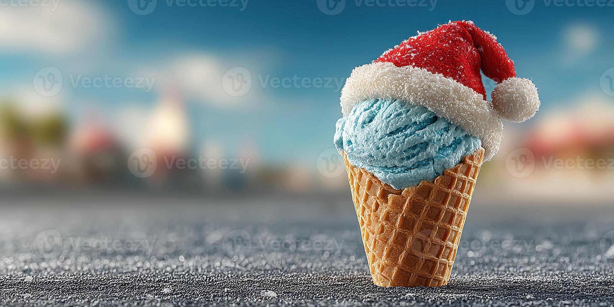 Unique winter-themed ice cream cone with blue flavor and Santa hat during festive season celebration photo