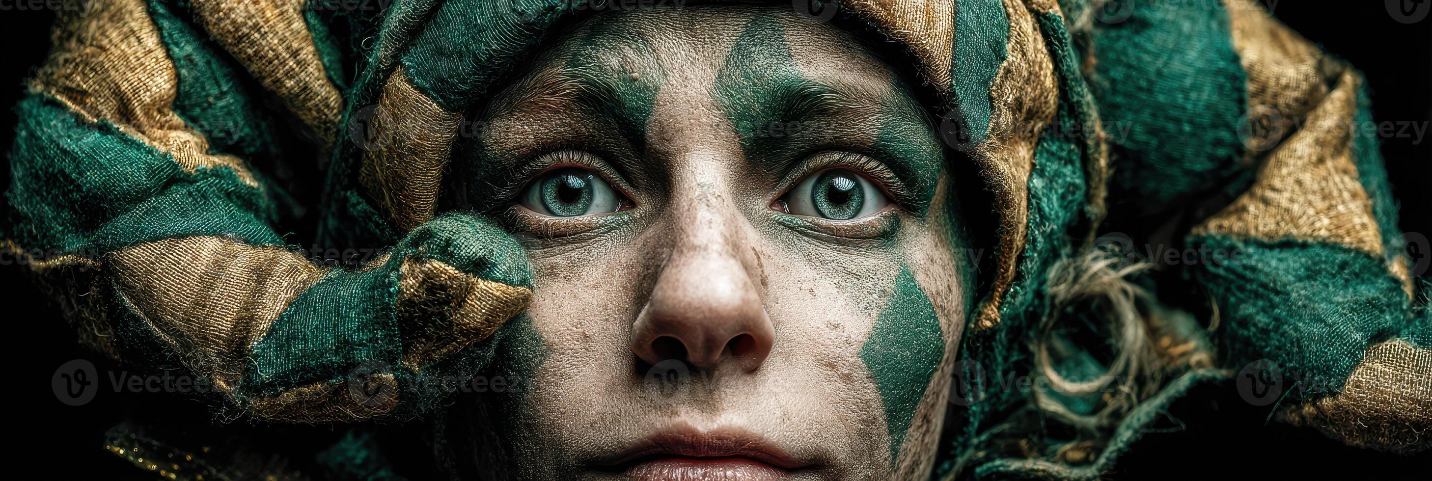 Jester with striking green and gold costume poses in mysterious lighting capturing a blend of emotion and artistry photo