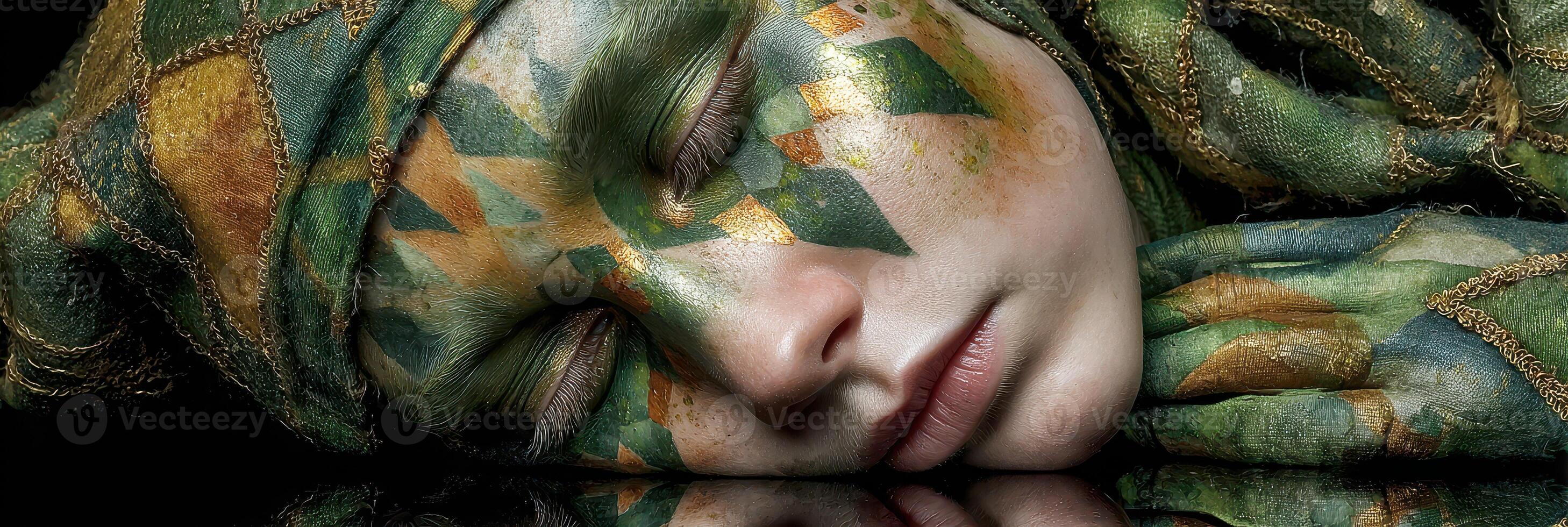 Creative body painting showcased on a person with a unique design, emphasizing the artistry in an intimate setting photo
